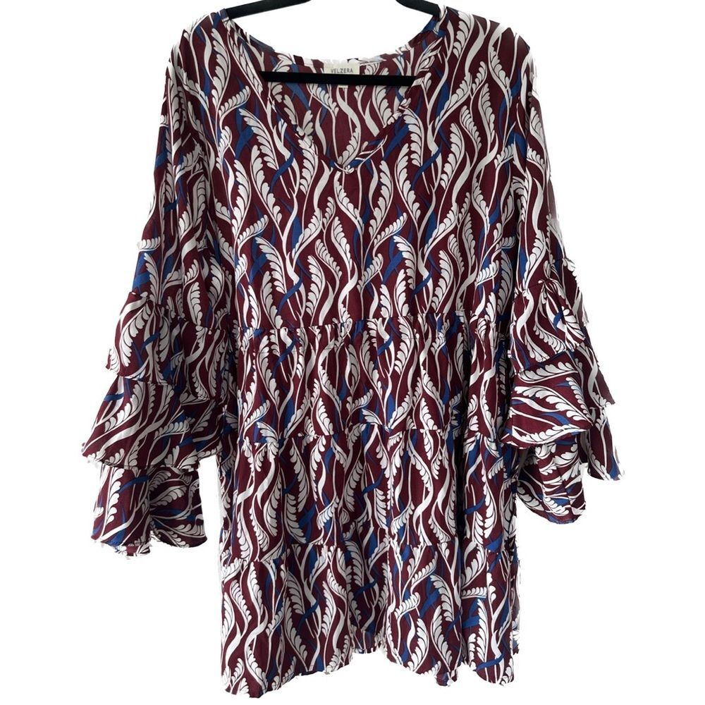 Velzera Tiered Flounced Bell Sleeve Baby Doll Waist Cinched Tie Tunic Dress 2XL